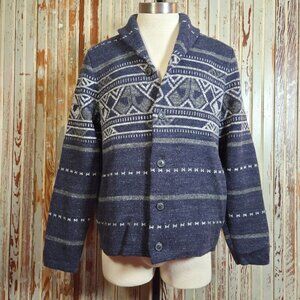 Lucky Brand Mens Blue Fair Isle Shawl Collar Cardigan Sweater Size S 100% Cotton